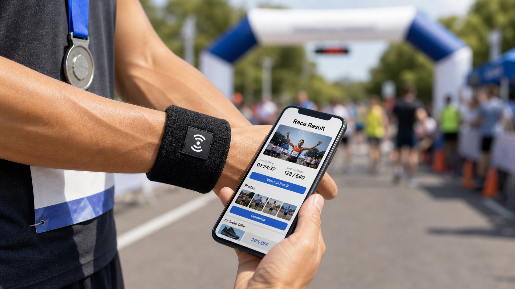 Runner using NFC wristband after a race finish